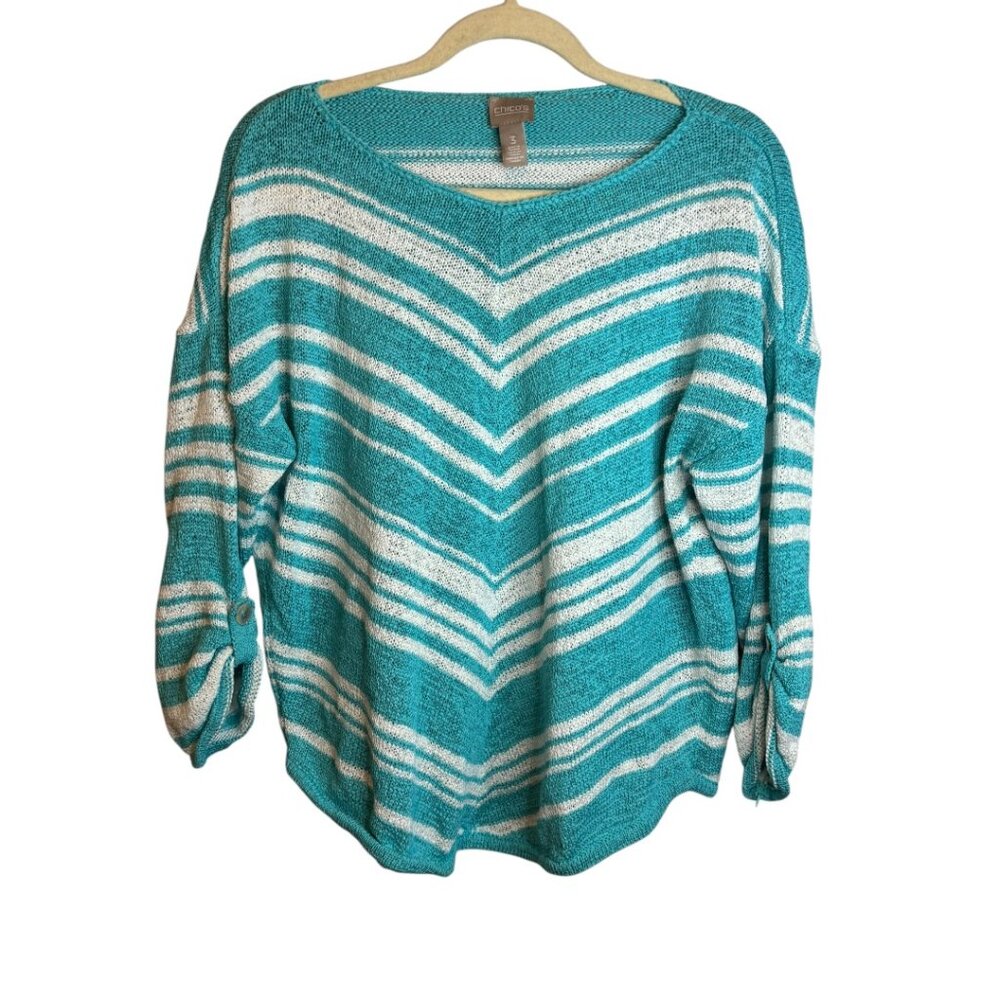 Chico's Sweater Women's XL Coastal V-Neck Chevron Knit Roll Tab Sleeves Chicos 3
